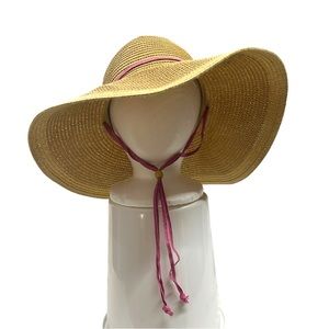 FAUX STRAW HAT paper and polyester with pink chin strap so doesn’t BLOW AWAY!